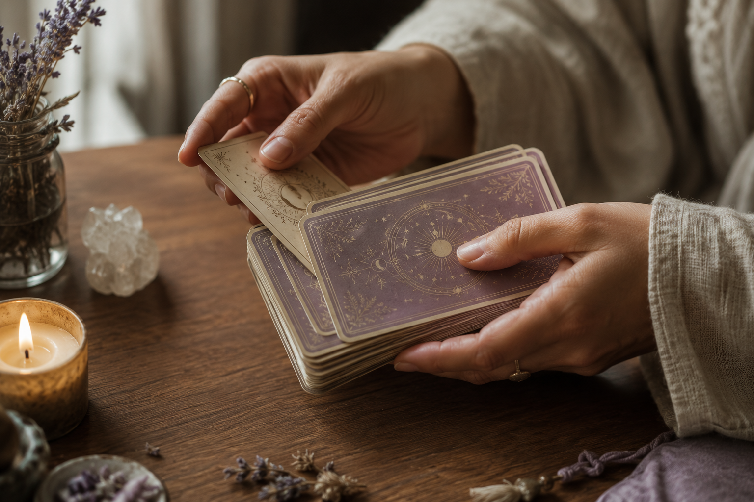 Hands shuffling a stack of tarot cards beside a candle and dried lavender