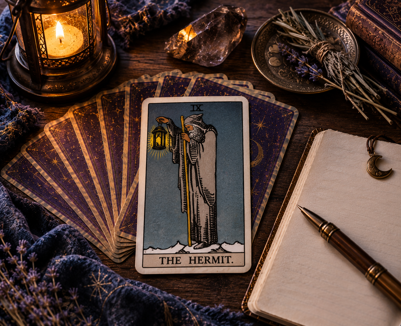 The Hermit tarot card displayed on a dark wooden surface surrounded by a spread of tarot cards, candle, dried lavender, and spiritual objects.