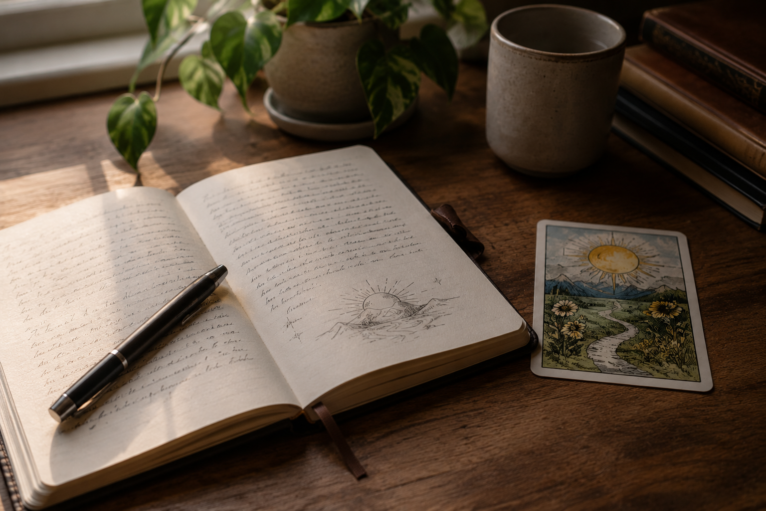 An open handwritten journal with a pen resting on the page beside a tarot card and a mug