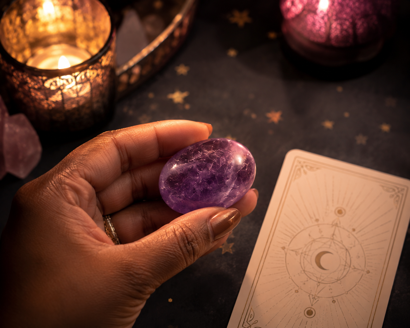 A hand holding a polished amethyst stone over a tarot card in candlelight