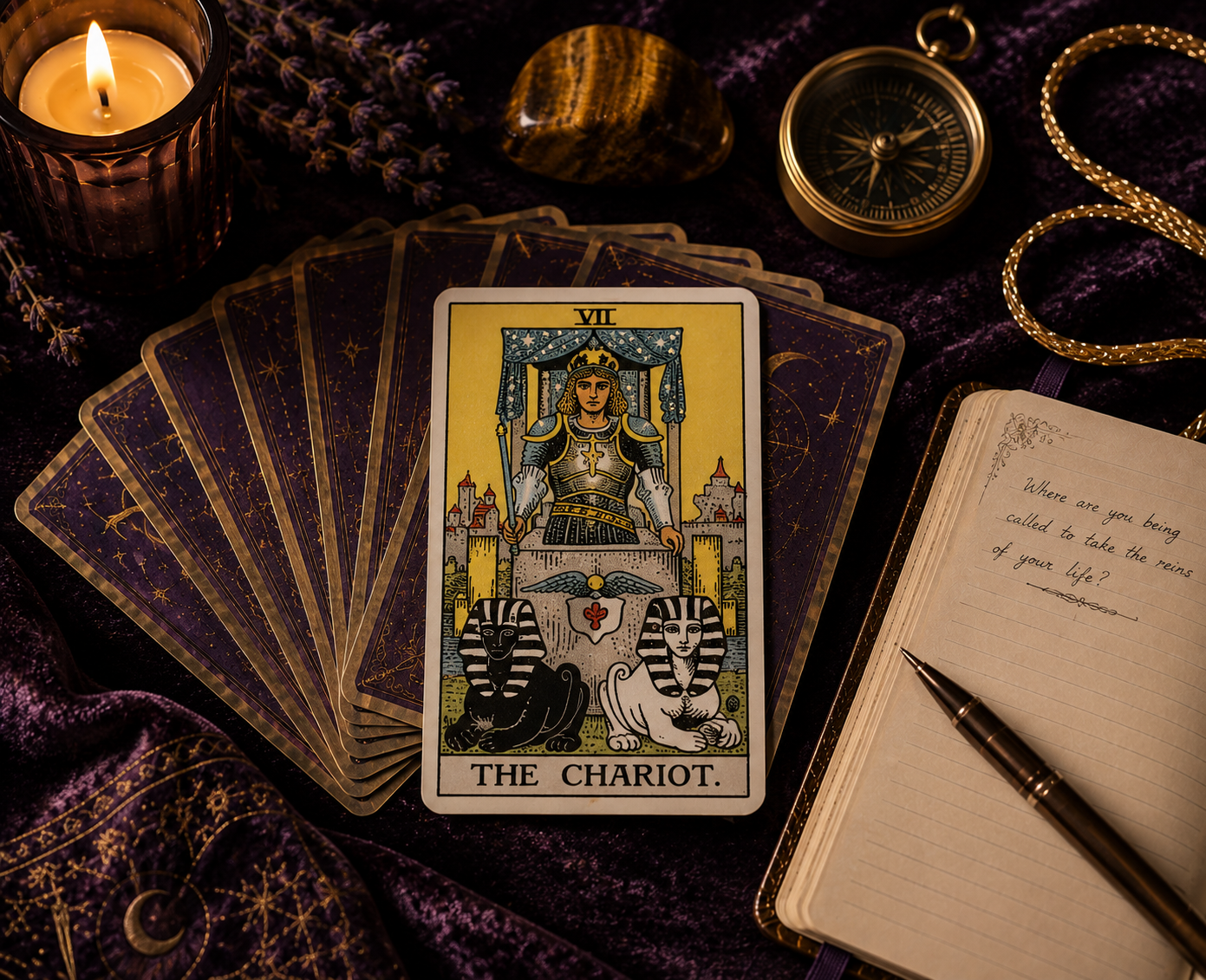 The Chariot tarot card displayed on a dark purple surface surrounded by a spread of tarot cards, compass, gold chain, candle, dried flowers, and an open journal