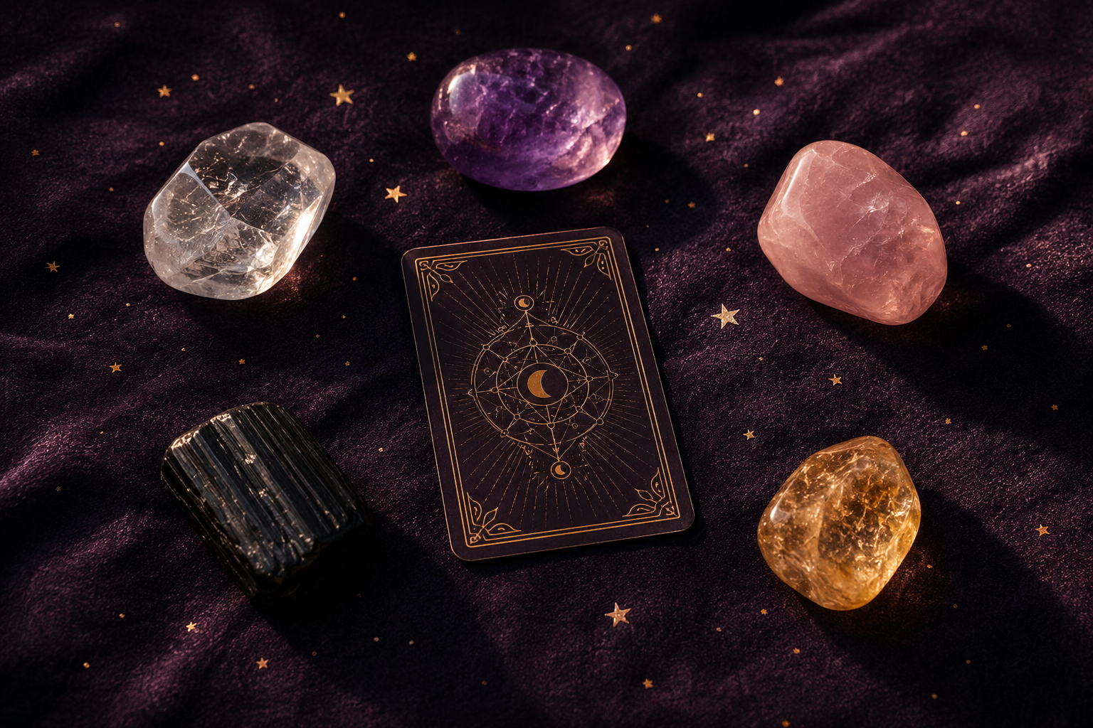 Five crystals — clear quartz, amethyst, rose quartz, black tourmaline, and citrine — arranged in a circle around a tarot card on a starry velvet cloth