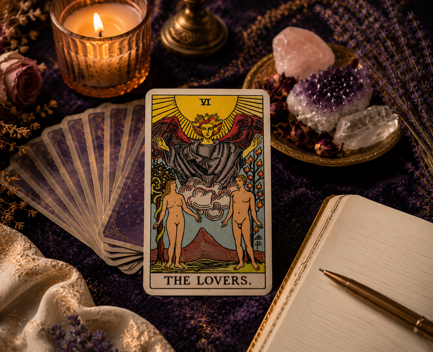 The Lovers tarot card displayed on a dark mystical surface surrounded by tarot cards, crystals, candles, roses, and a journal