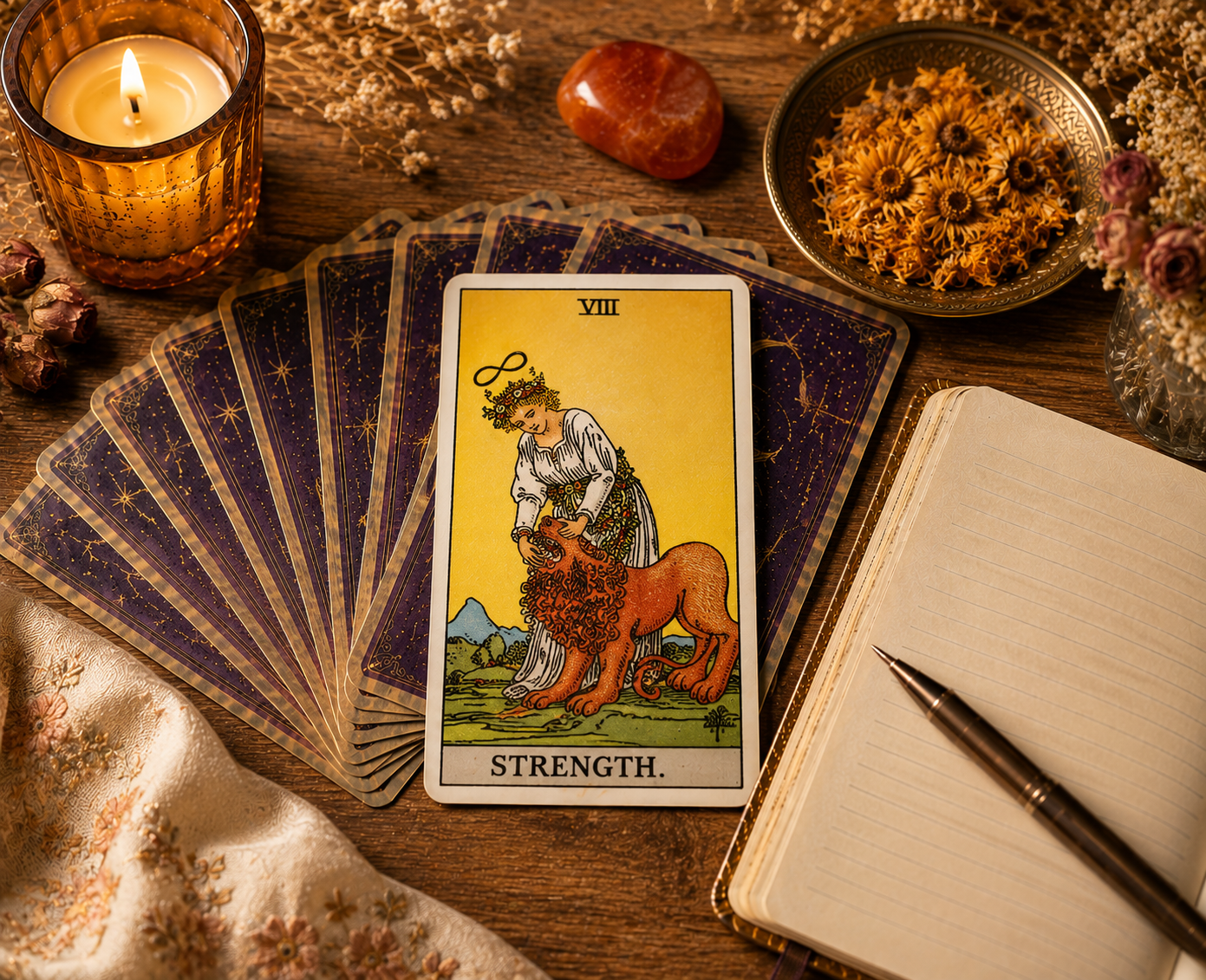Whispers & Wonders illustrated tarot card artwork for Strength, Major Arcana VIII.
