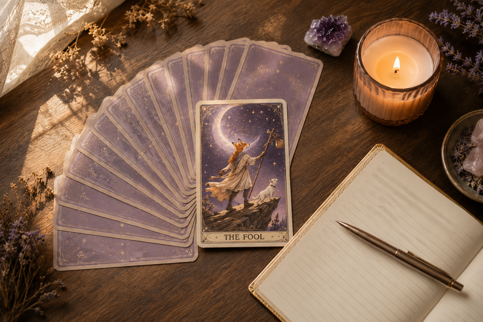 The Fool tarot card displayed on a wooden surface surrounded by a spread of tarot cards, amethyst crystal, candle, dried lavender flowers, and an open journal