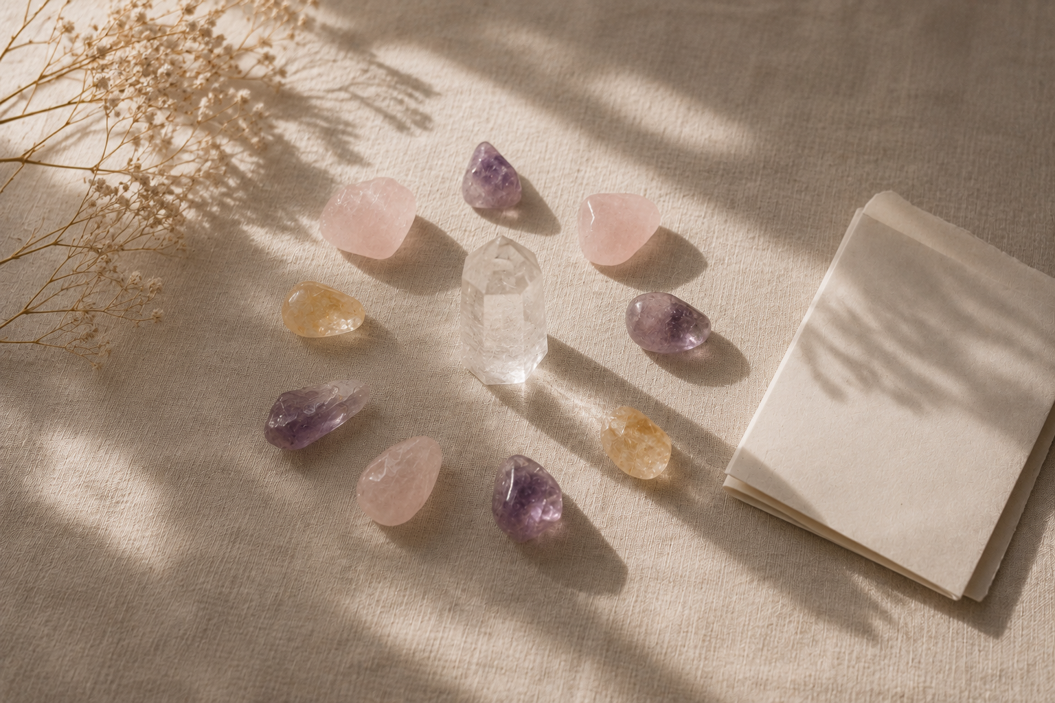 A clear quartz point surrounded by rose quartz, amethyst, and citrine tumbled stones on linen beside dried flowers and a notebook