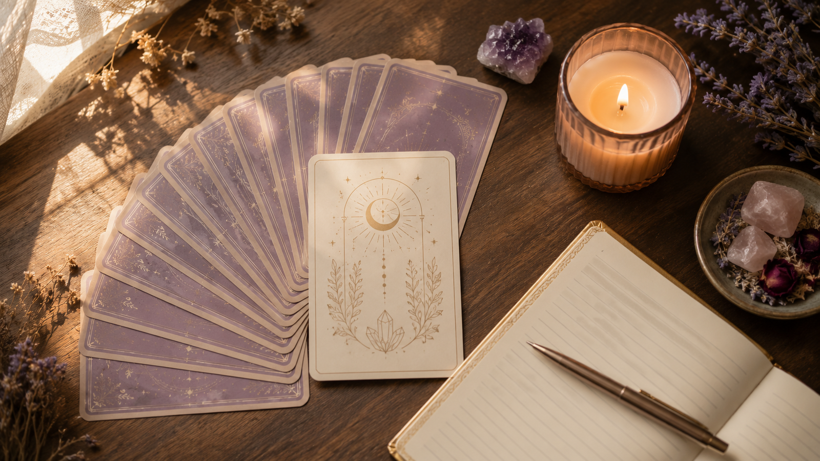 A hand-fanned deck of purple tarot cards beside a single moon-and-crystal card, candle, and open journal
