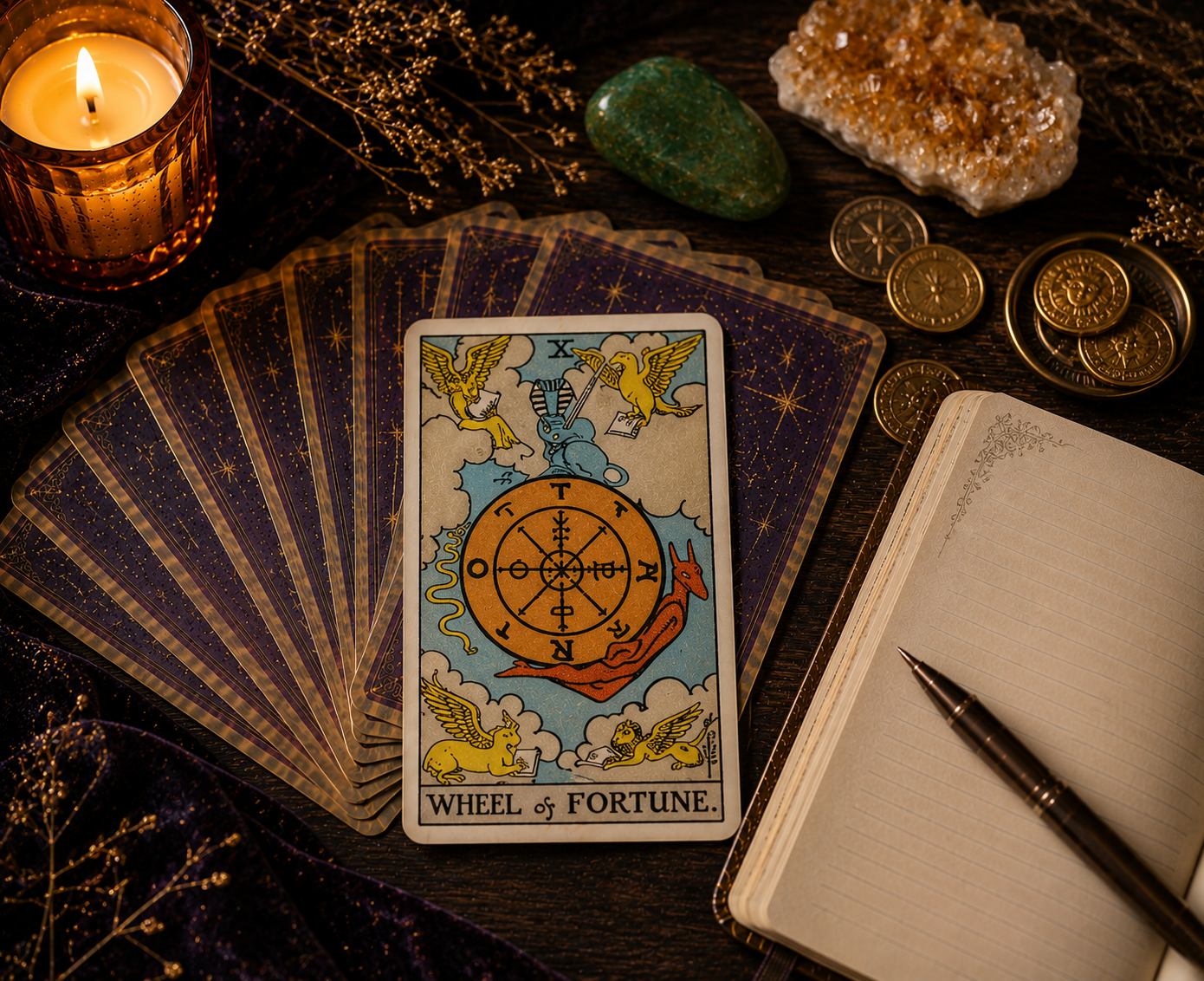 Wheel of Fortune tarot card displayed on a dark surface surrounded by a spread of tarot cards, crystals, candle, dried flowers, and an open journal