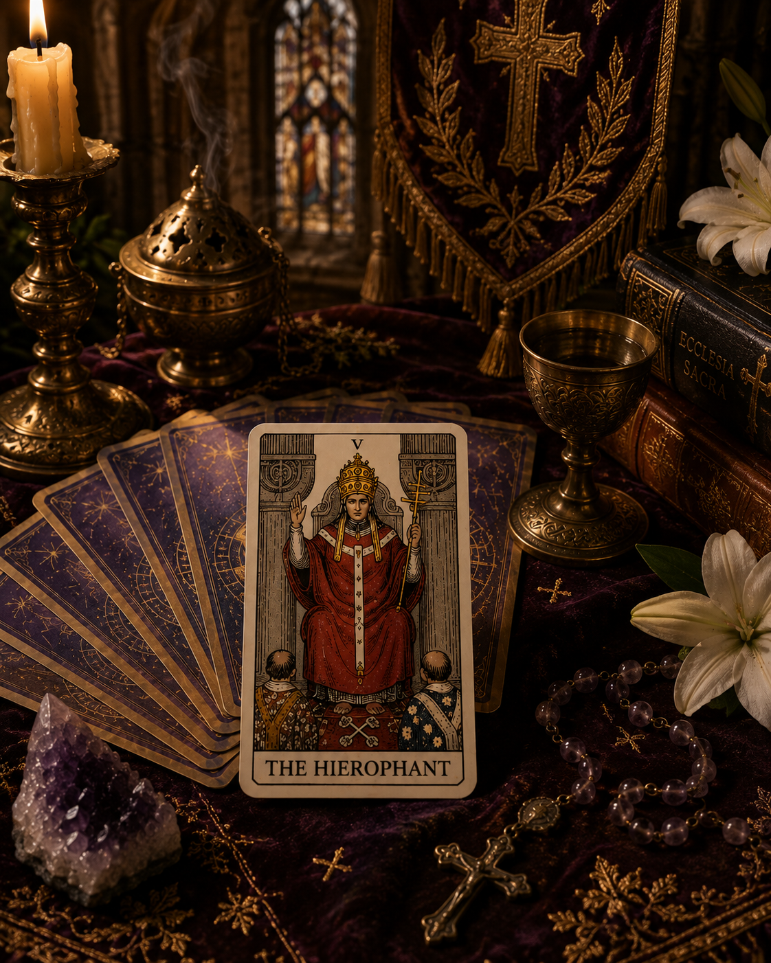The Hierophant tarot card displayed on a dark velvet surface surrounded by tarot cards, a gold goblet, white lilies, an amethyst crystal, candles, rosary beads, and a leather-bound book