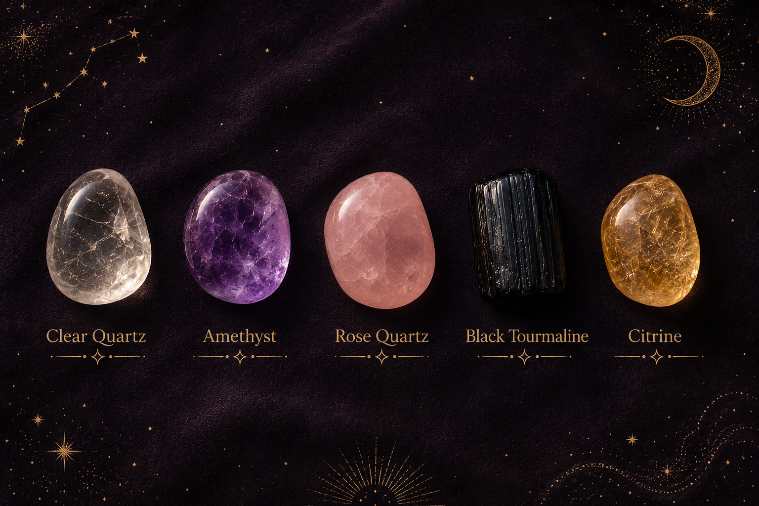 Five labeled tumbled stones — Clear Quartz, Amethyst, Rose Quartz, Black Tourmaline, and Citrine — in a row on a starry velvet background