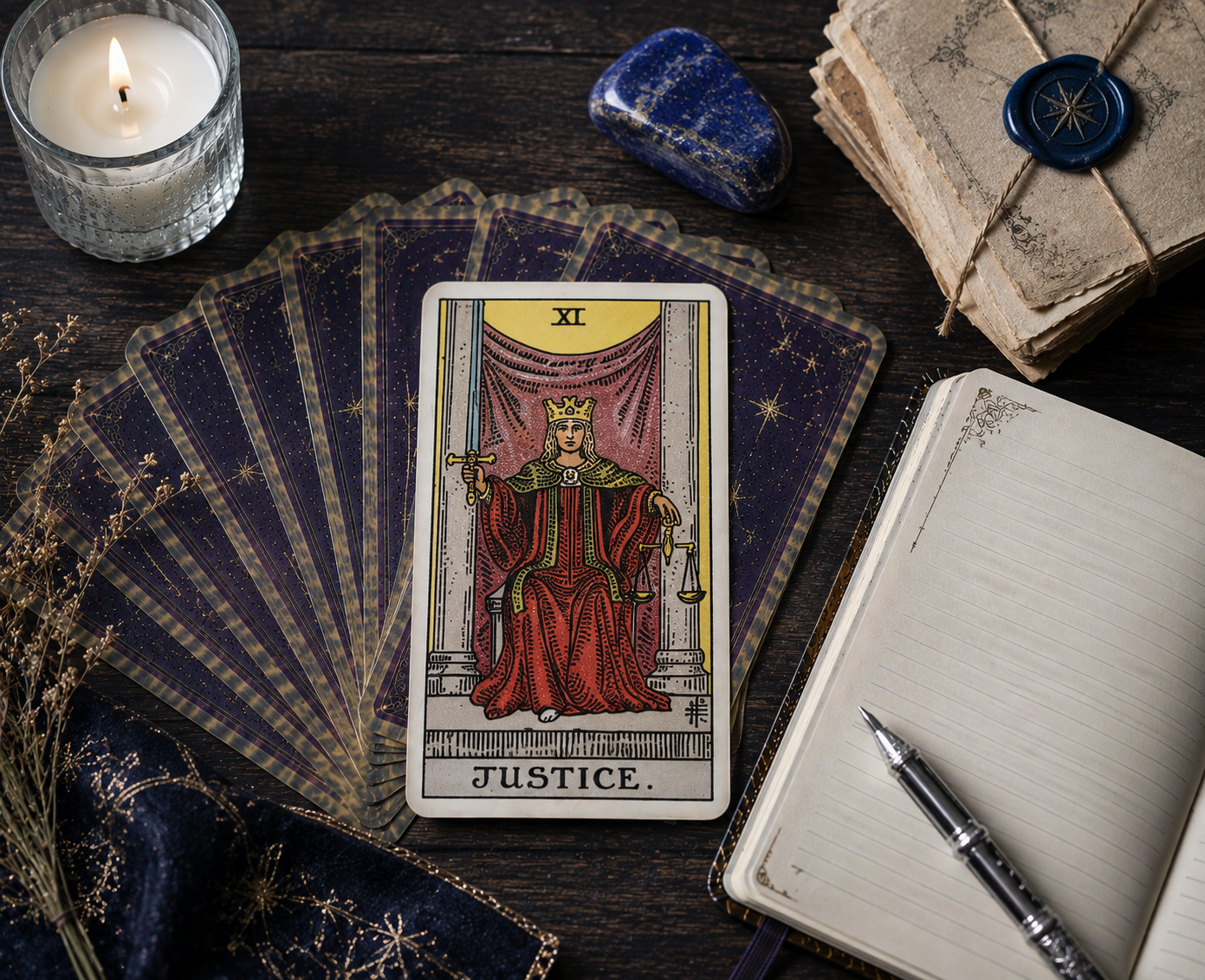 Whispers & Wonders illustrated tarot card artwork for Justice, Major Arcana XI.