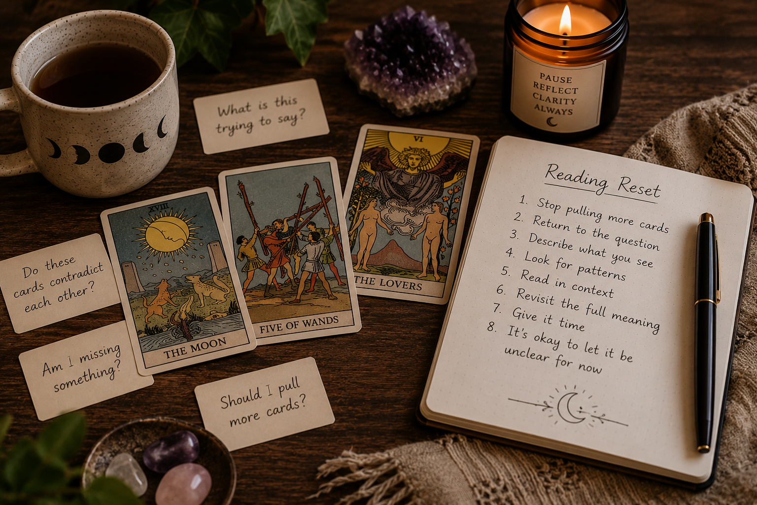 Tarot reading reset workspace with The Moon, Five of Wands, and The Lovers cards, a notebook titled Reading Reset, tea, candle, amethyst, and crystals on a wooden table
