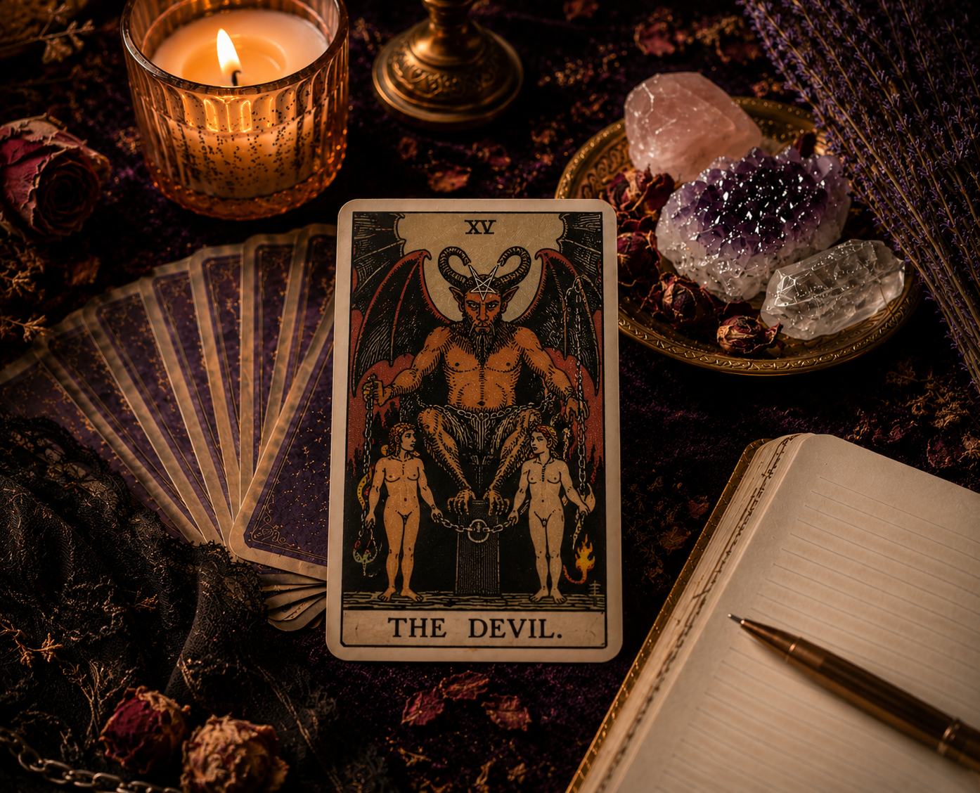 The Devil tarot card displayed on a dark mystical velvet surface surrounded by a spread of tarot cards, a raw black tourmaline crystal, a lit candle, dried flowers, and an open journal with moon and star illustrations