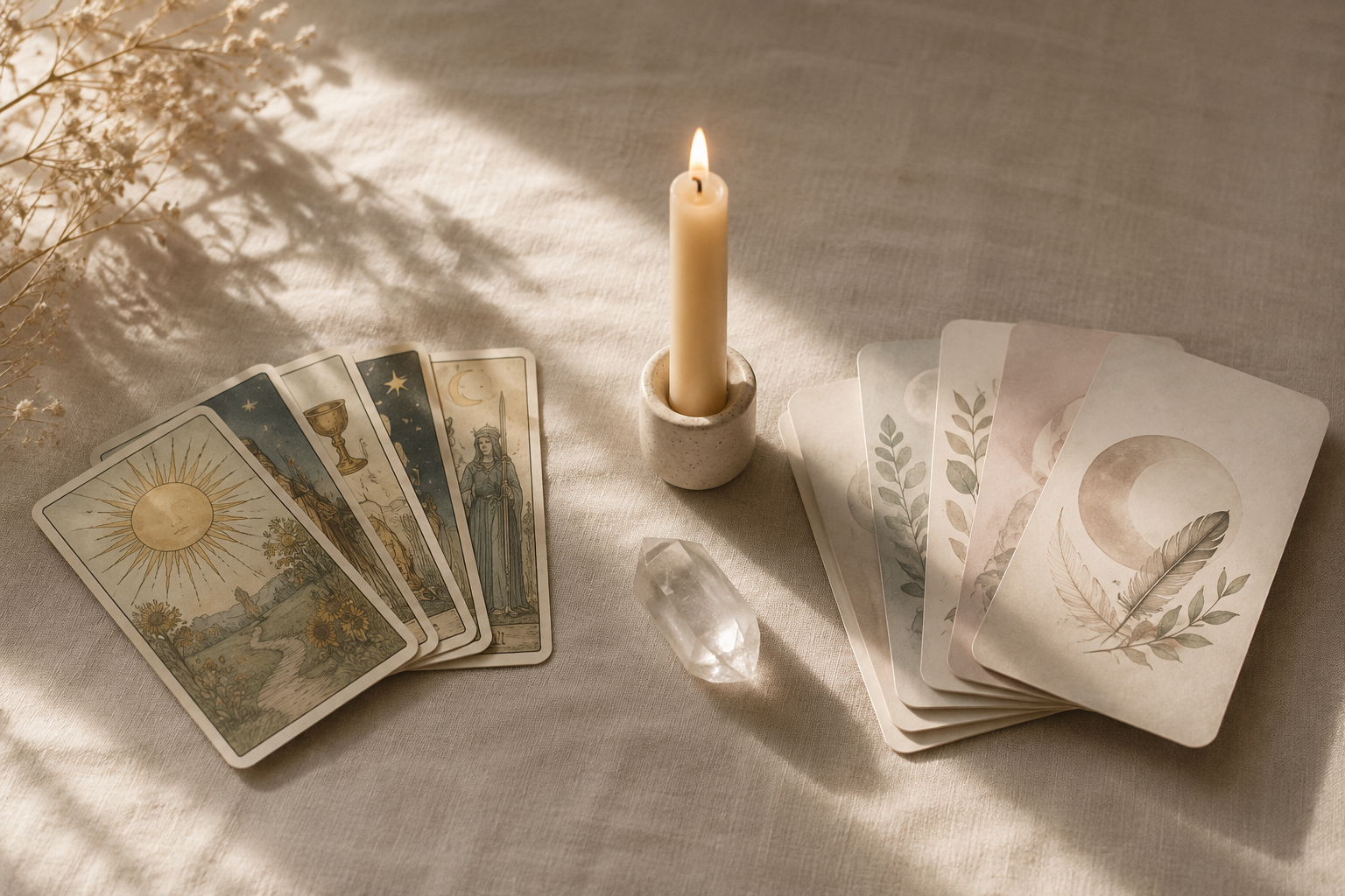 A mystical flat-lay featuring tarot cards, oracle cards, a lit candle in a ceramic holder, a clear quartz crystal, dried flowers, and a journal on a neutral linen surface