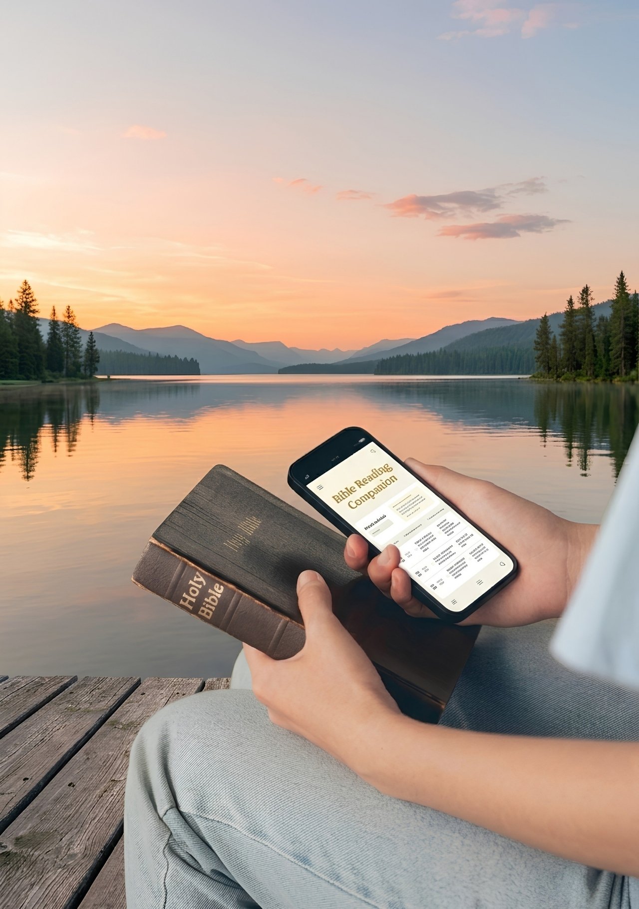 Peaceful morning sunrise by a lake, with someone holding a Bible and viewing the Bible in One Year reading plan on a smartphone