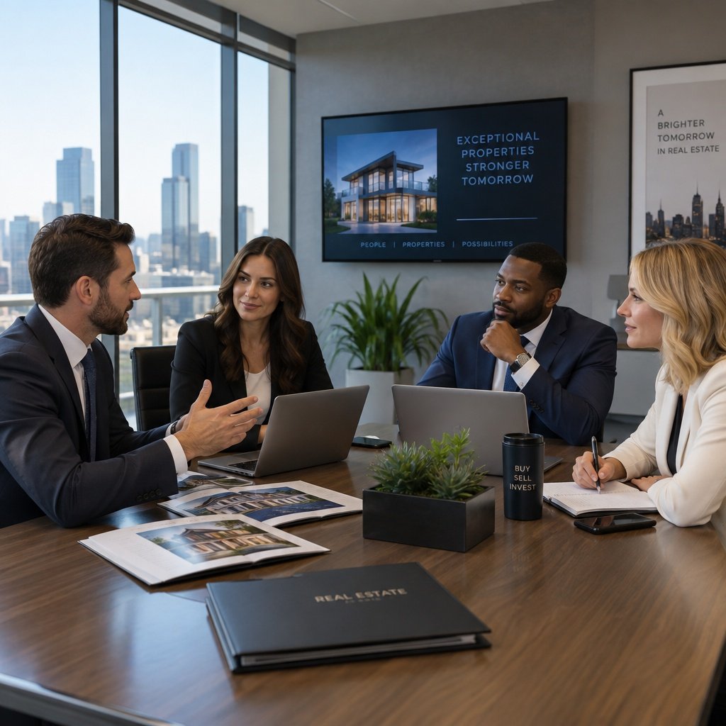 A group of eParkRealty agents standing together in a modern office lobby