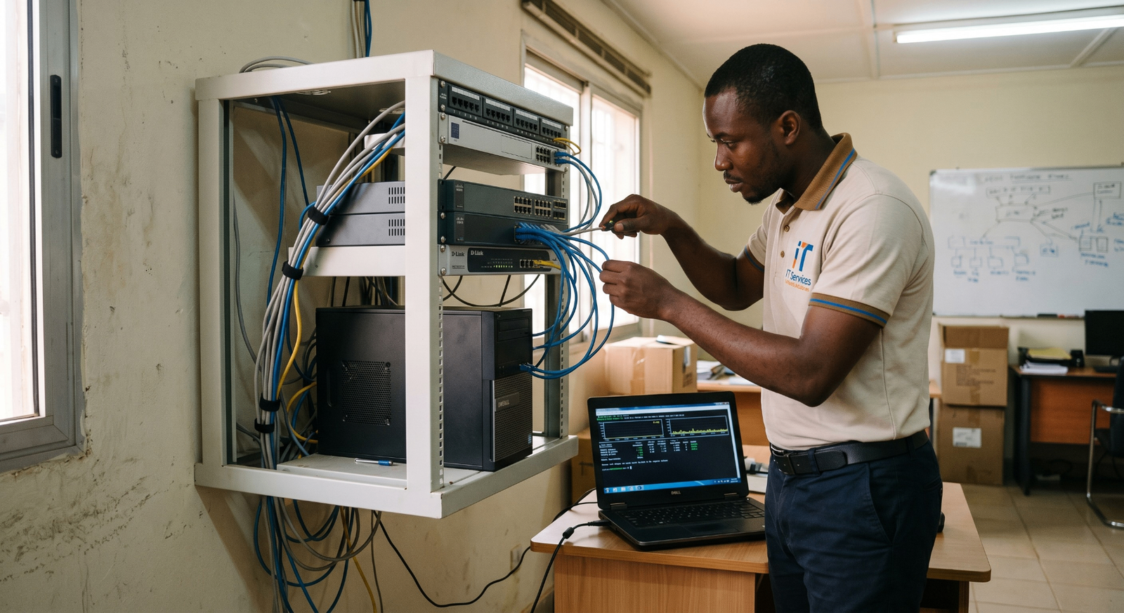 Technicien IT travaillant sur une infrastructure de serveurs avec équipement réseau, câbles, routeurs et ordinateur portable de surveillance