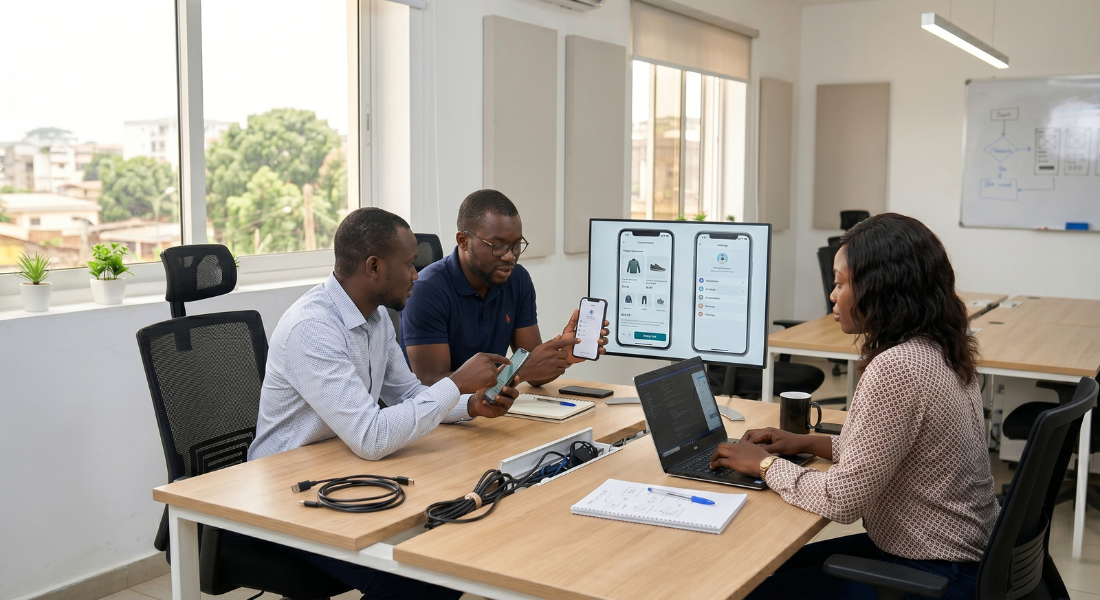 Équipe IT professionnelle présentant des interfaces d'applications mobiles sur smartphones et tablettes dans un bureau moderne