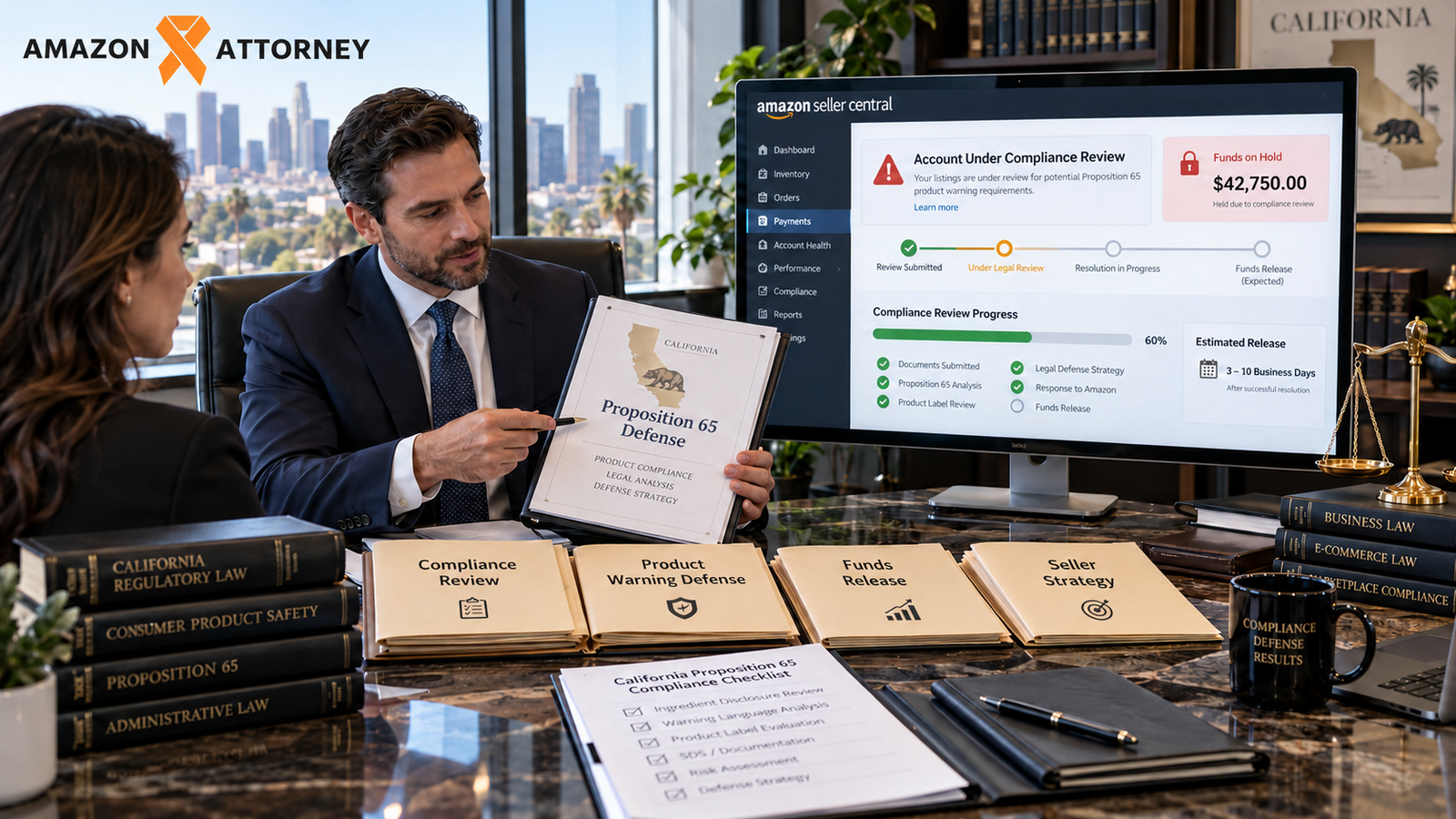 Attorney reviewing California Proposition 65 defense documents with an Amazon Seller Central account compliance review