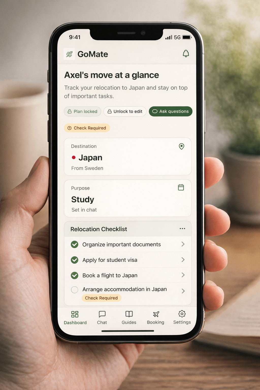 GoMate app interface showing personalized relocation checklist and task management