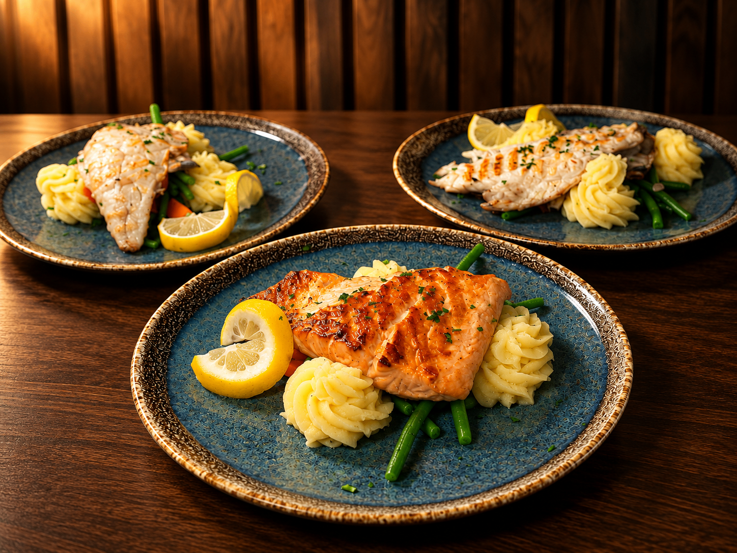Trio de saumon grillé, purée et légumes verts