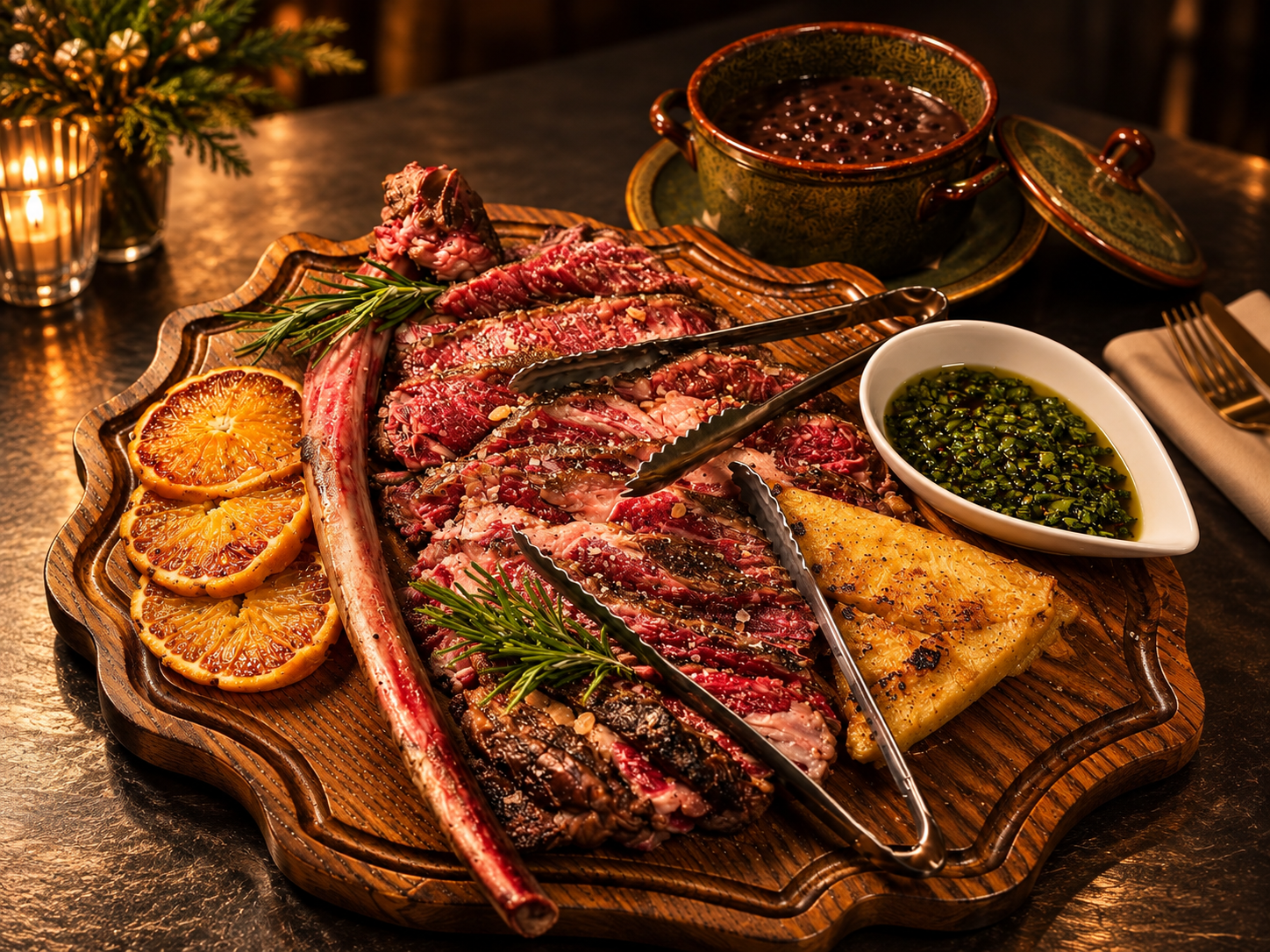Planche de viandes maturées, agrumes et sauce chimichurri
