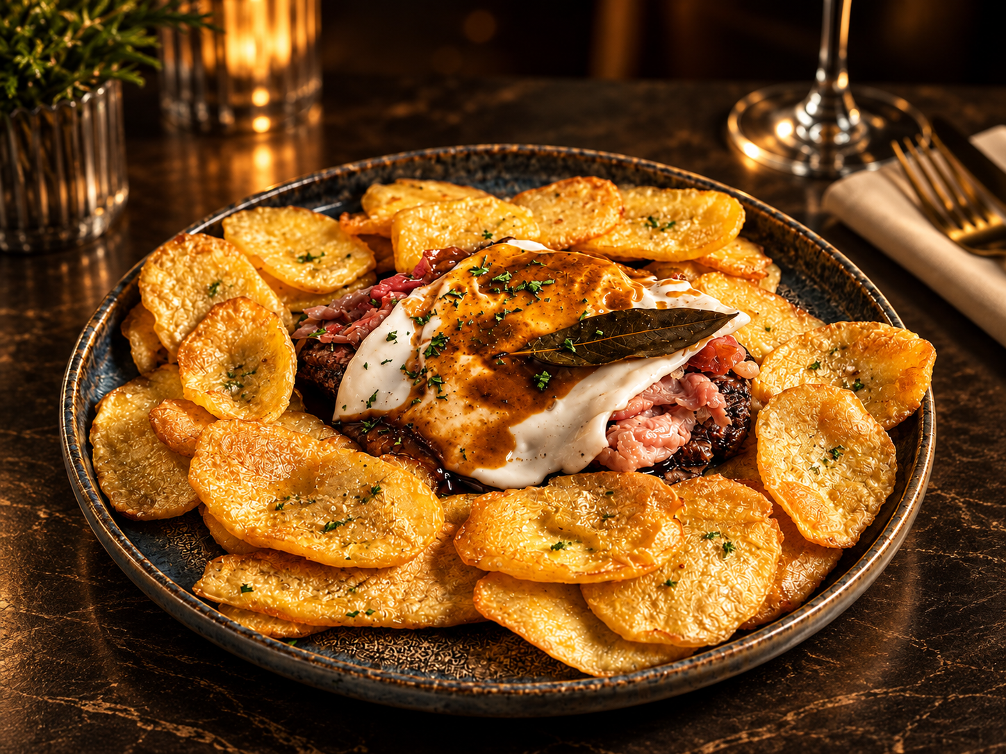 Assiette de viande grillée, sauce crémeuse et pommes de terre