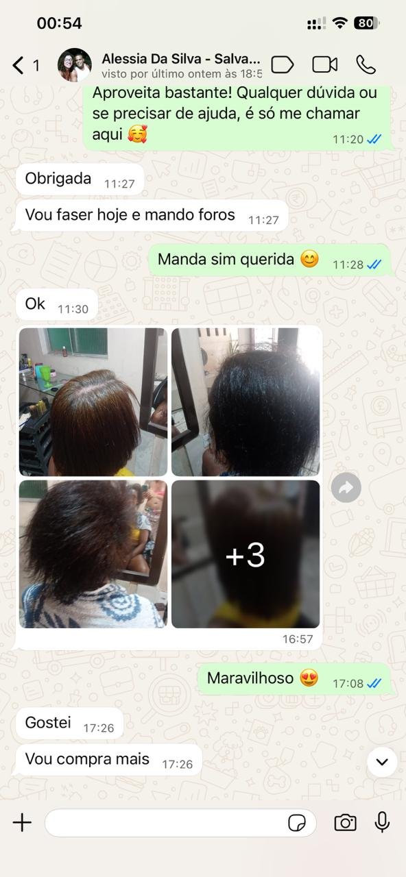 WhatsApp conversation showing customer testimonial com fotos de antes e depois