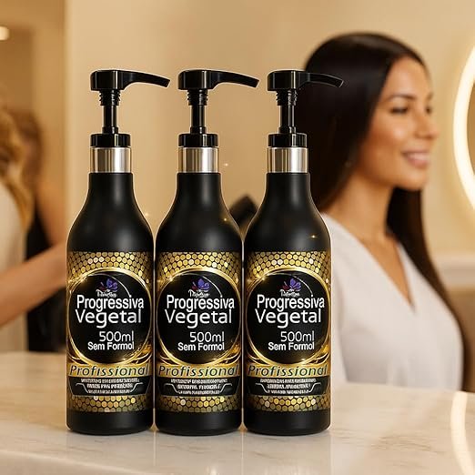 Três frascos pretos de Progressiva Vegetal 500ml com detalhes dourados