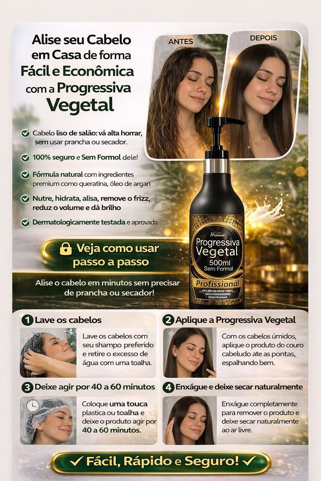 Guia completo do produto mostrando resultados antes/depois e processo de aplicação