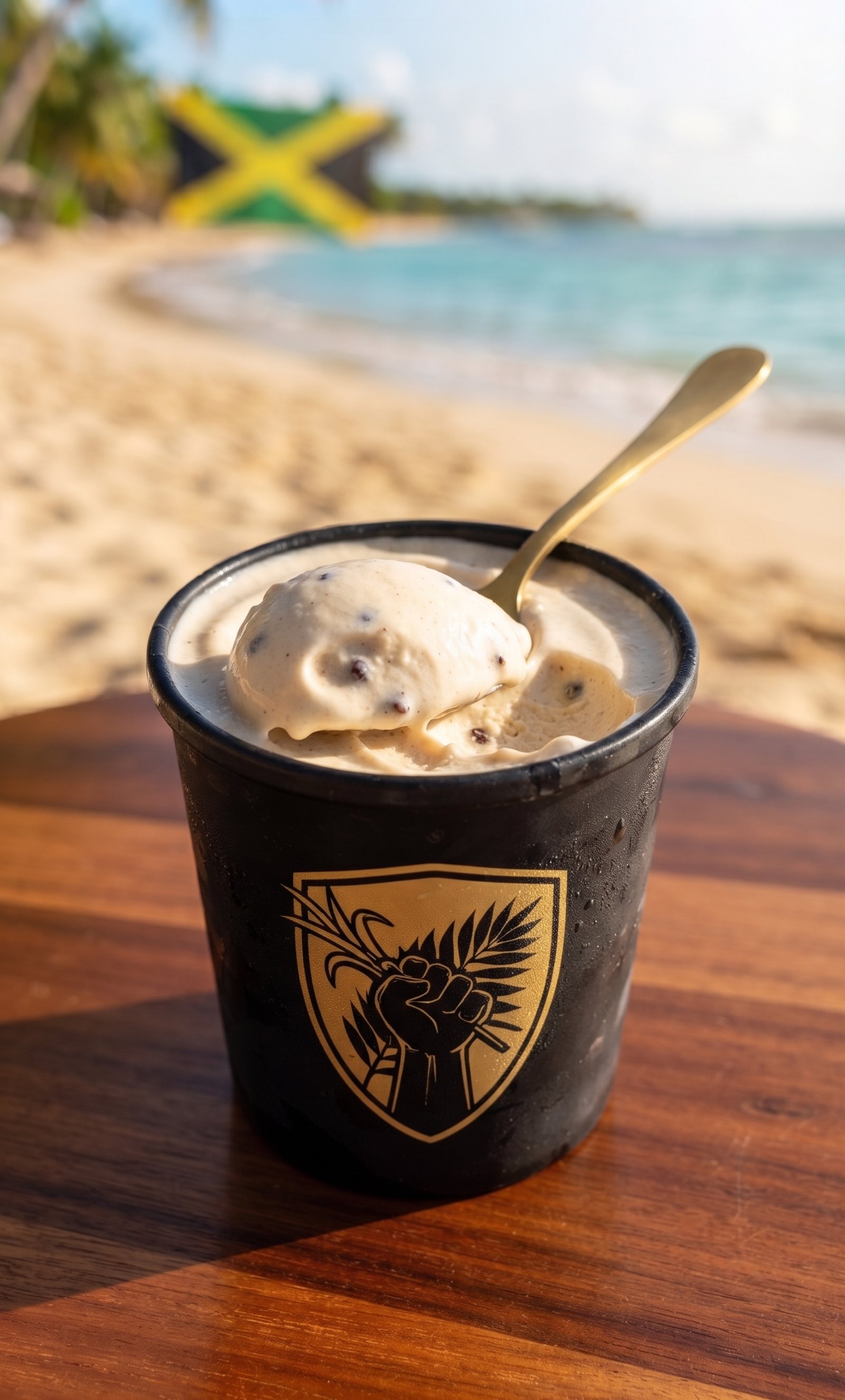 Black tub of Noir Punch coconut rum liqueur sorbet with a gold shield emblem