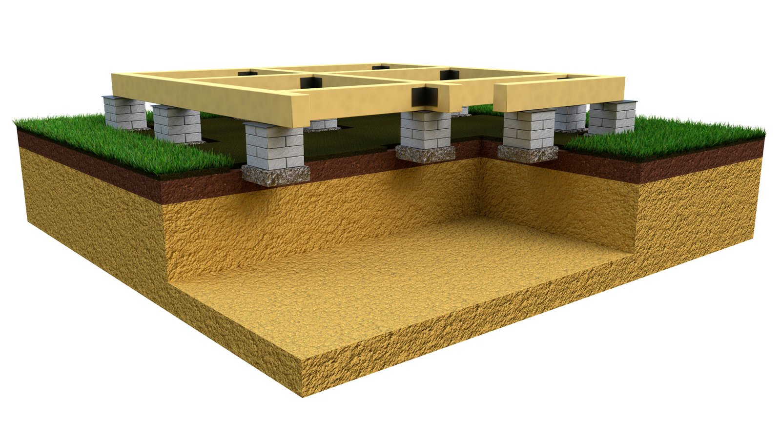 Illustrated cross-section of a raised foundation with wooden beams and concrete piers
