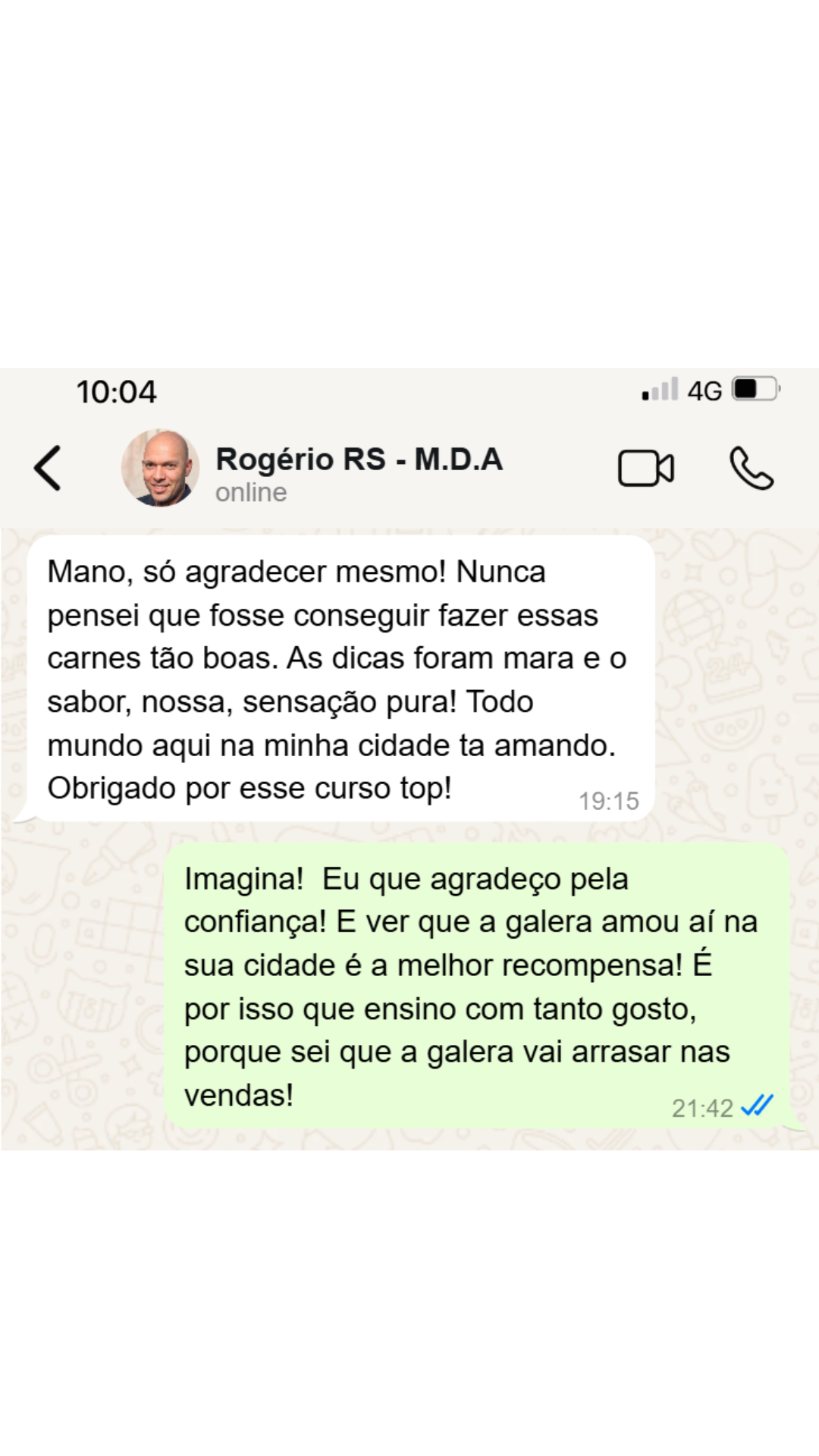 Depoimento de aluno satisfeito em print de conversa 1