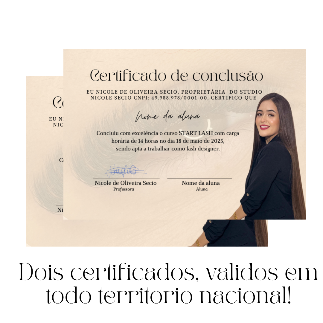 Modelo de certificado de conclusão do curso Start Lash — Secio Beauty