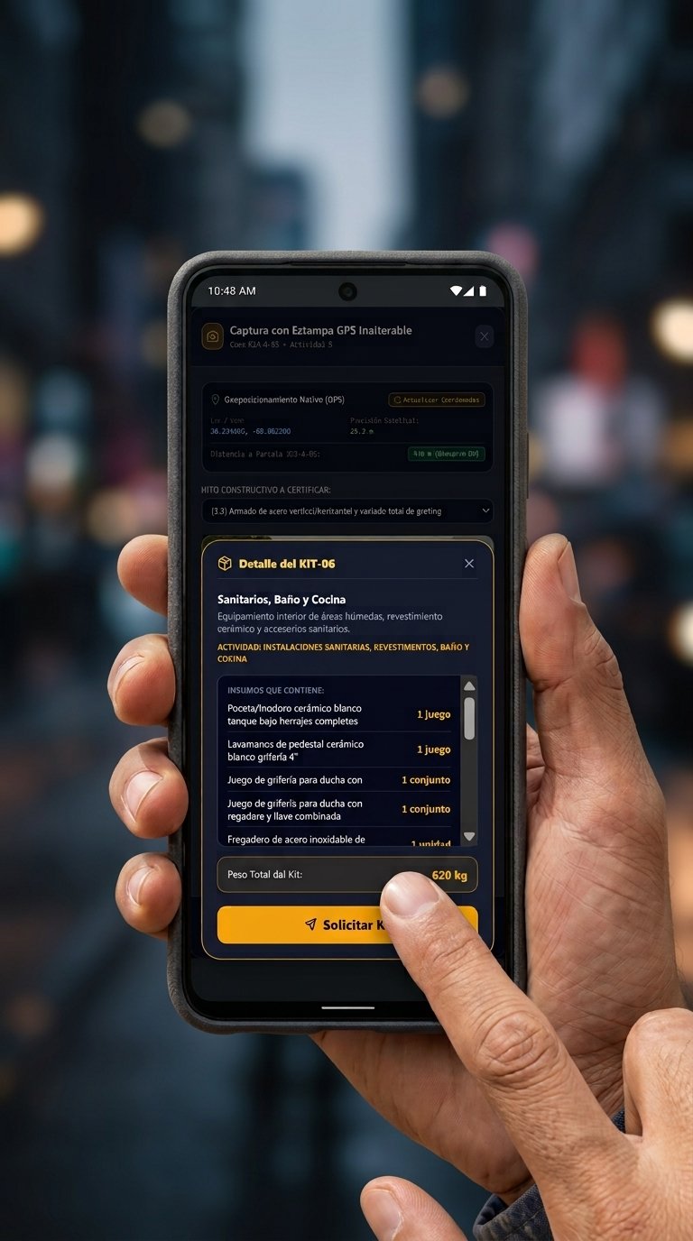 Presentación demostrativa de la app de obra EcoBlock BTC en un dispositivo móvil