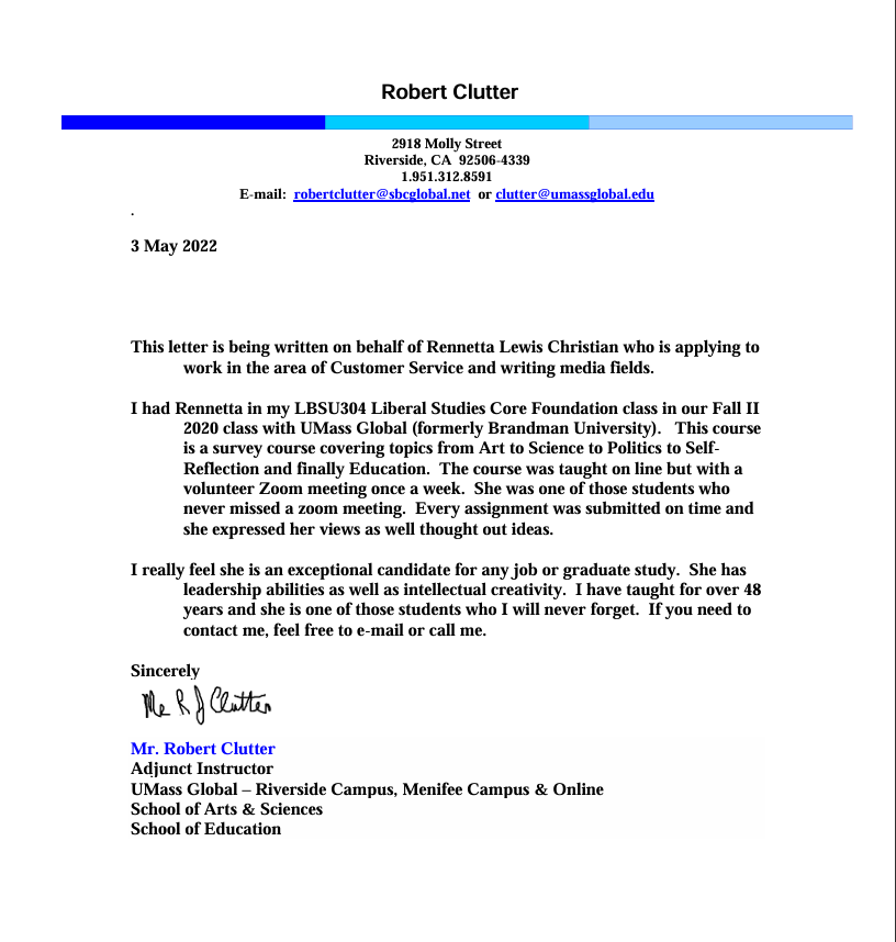 Rob Clutter Recommendation Letter from Mr. Robert Clutter
