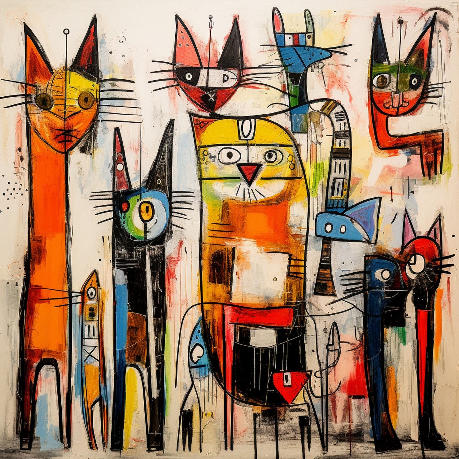 Abstract expressionist artwork featuring stylized cats with geometric ...