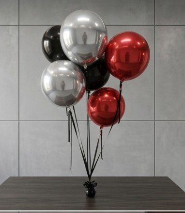 Chrome, black, and red balloon arrangement