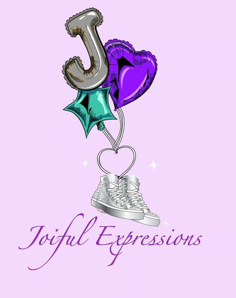 Joiful Expressions logo — silver J balloon, purple heart, teal star, and bling sneakers