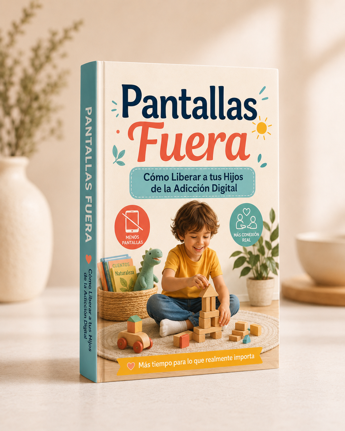 Portada de la guía «Cómo Liberar a tus Hijos de la Adicción Digital»: un niño juega con bloques de madera, sin pantallas
