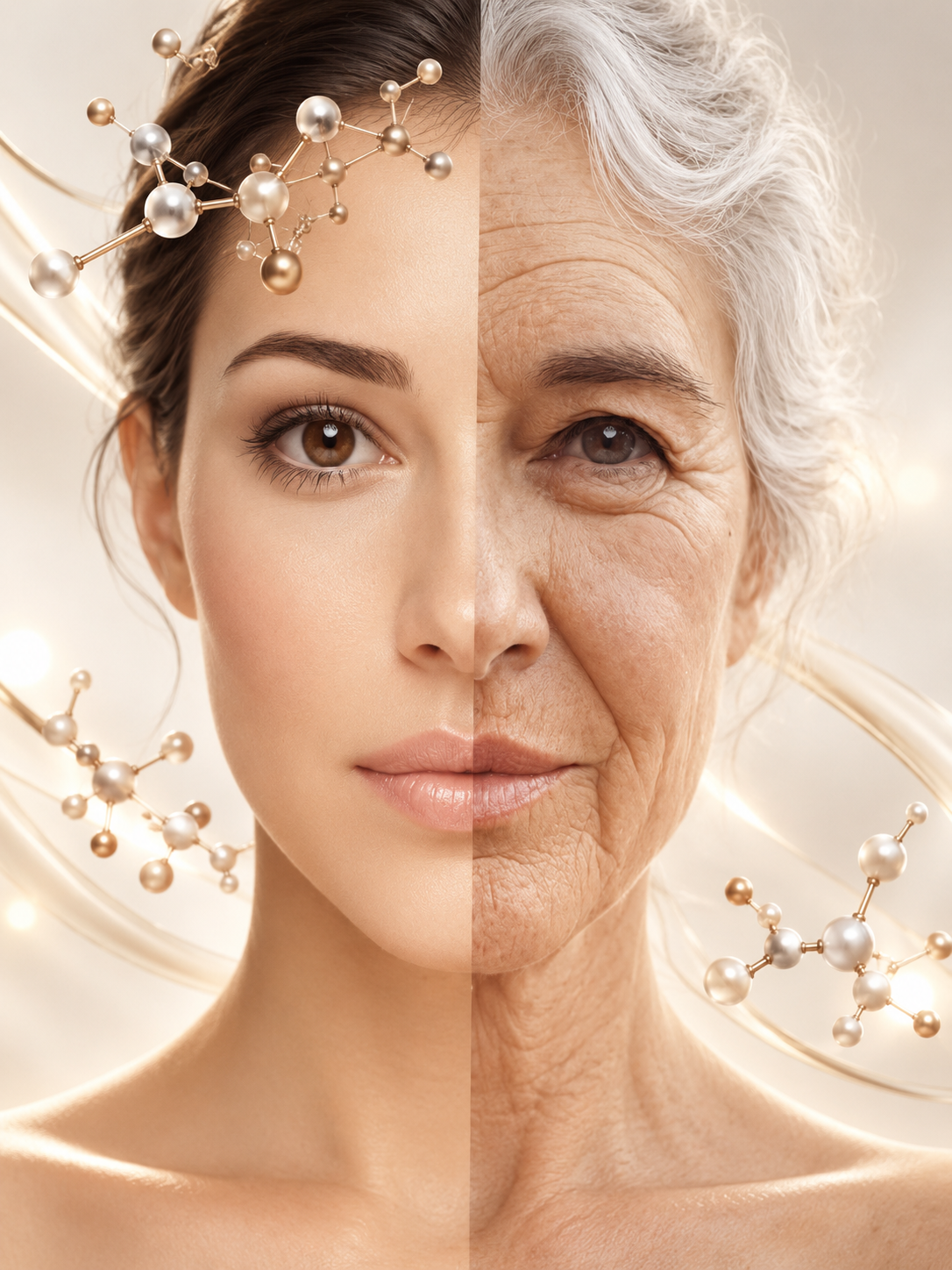 Geteiltes Porträt als Symbol für zeitlose Schönheit und Longevity