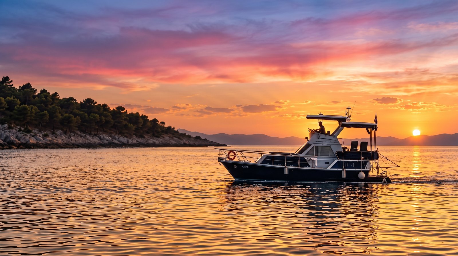Moonraker on the water at sunset