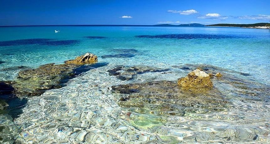 Clear turquoise water and a rocky shoreline near Silba