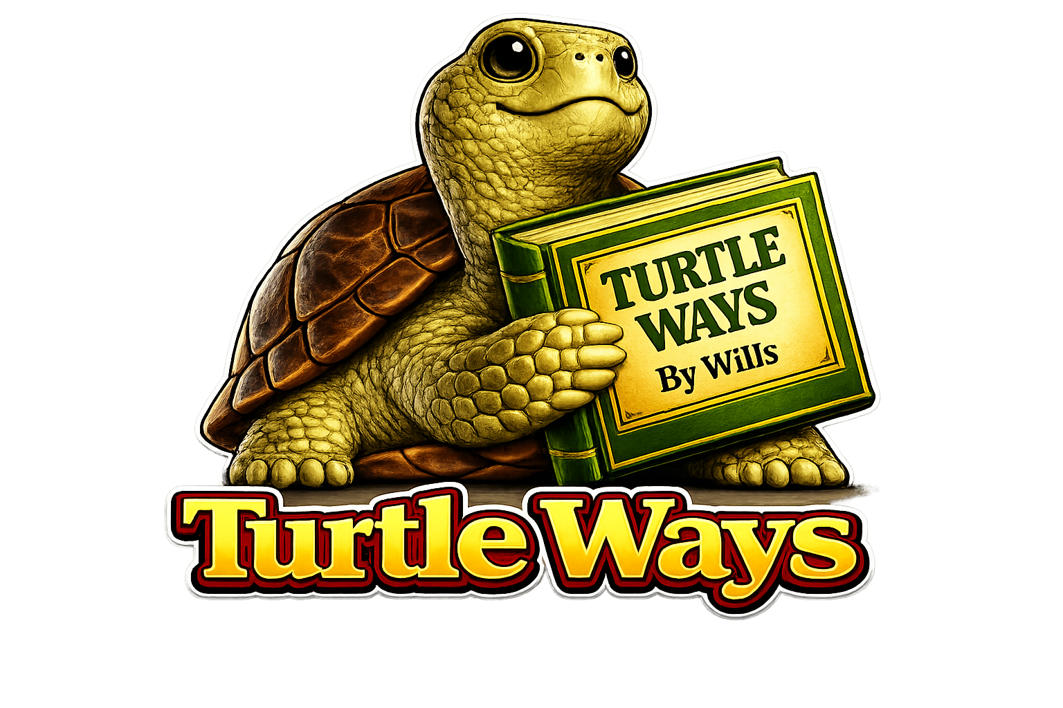 The Turtle Ways™ logo featuring a golden turtle with brown shell holding a green book with red jellyfish and puppy illustrations, with TurtleWays text below