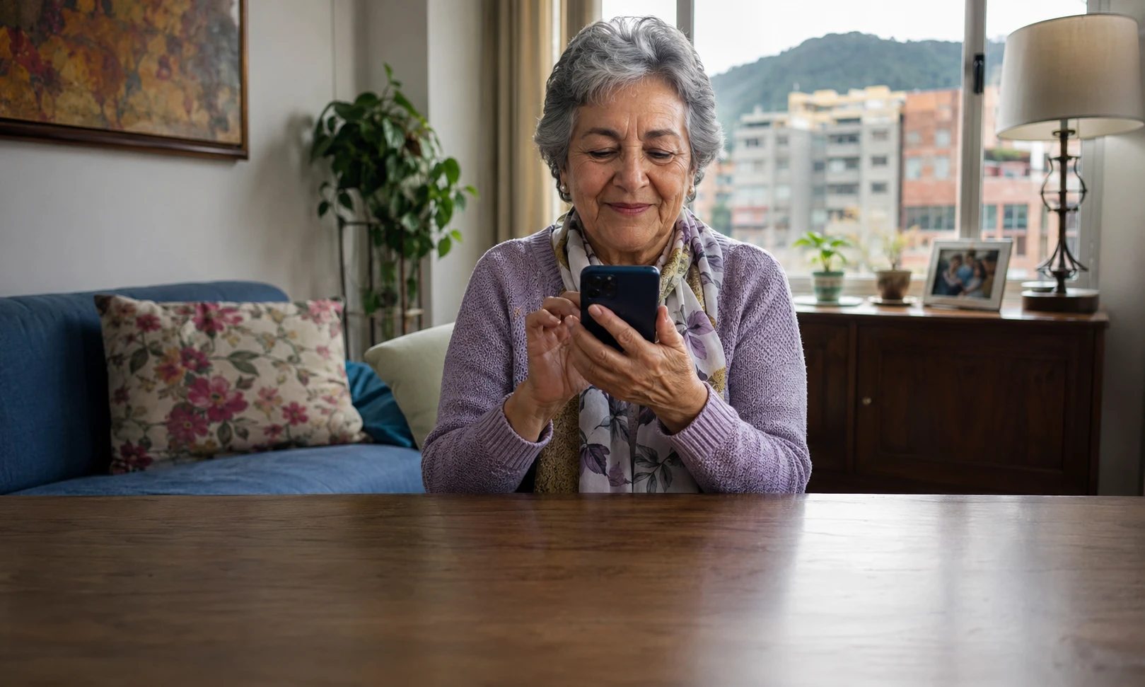 Mujer adulta mayor usando su celular con confianza en casa en Bogotá.