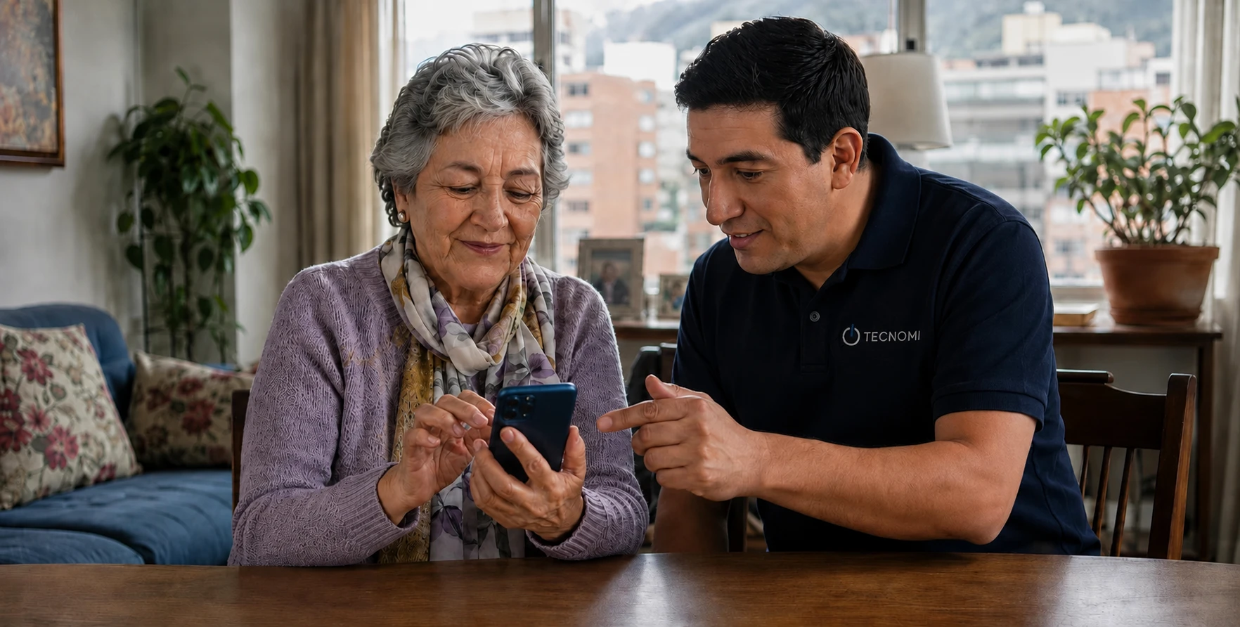Técnico de Tecnomi ayudando a una adulta mayor a resolver un problema tecnológico con su celular en Bogotá.