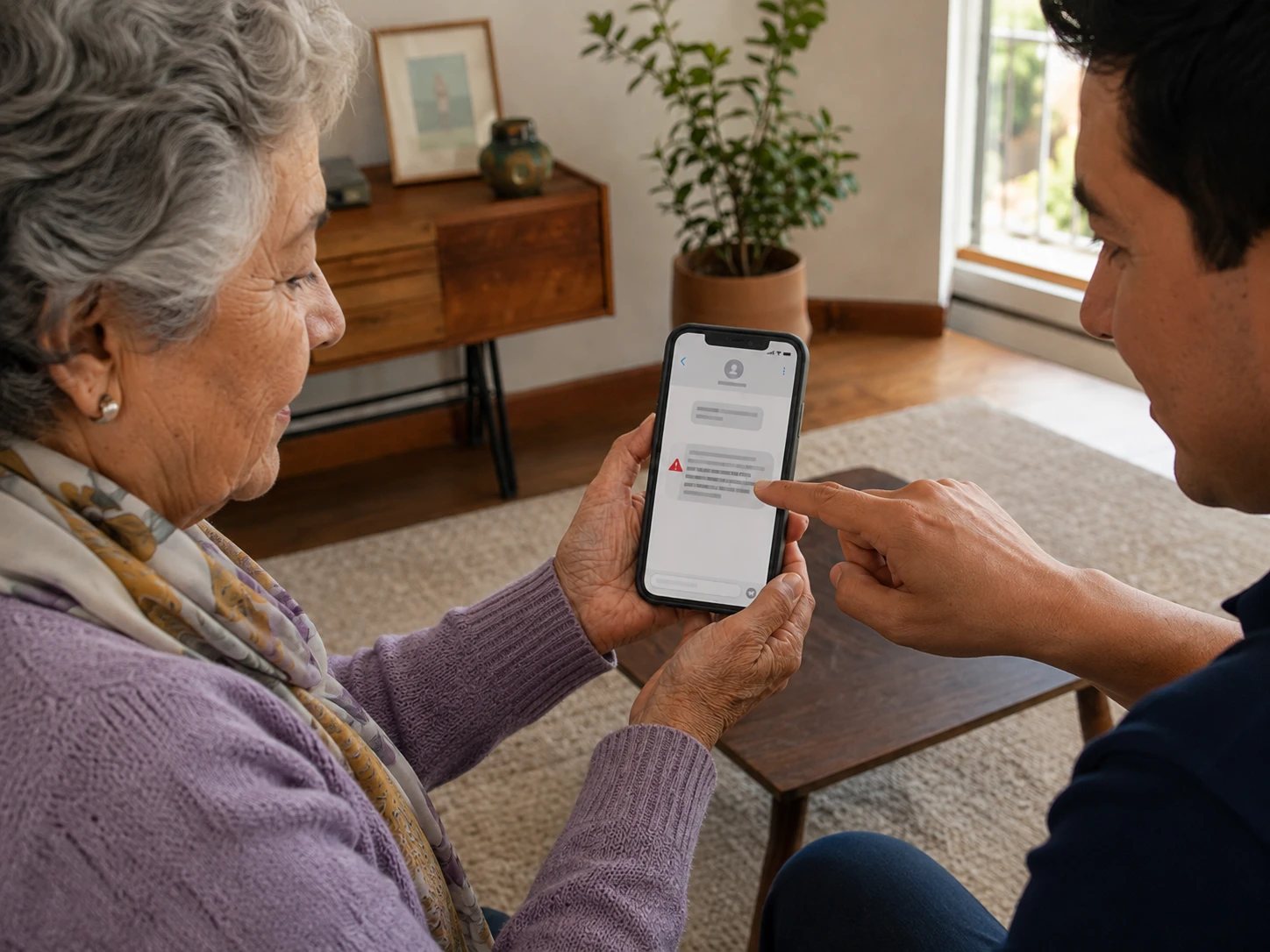 Persona adulta mayor revisando un mensaje sospechoso en su celular con orientación de un técnico de Tecnomi.