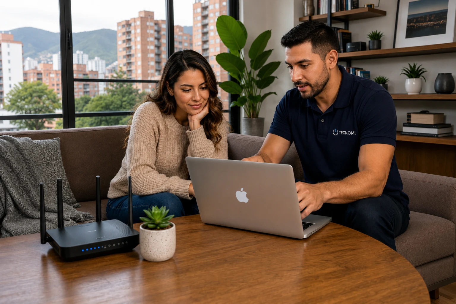 Técnico de Tecnomi ayudando a una clienta con su portátil y la conexión Wi-Fi en un apartamento de Bogotá.