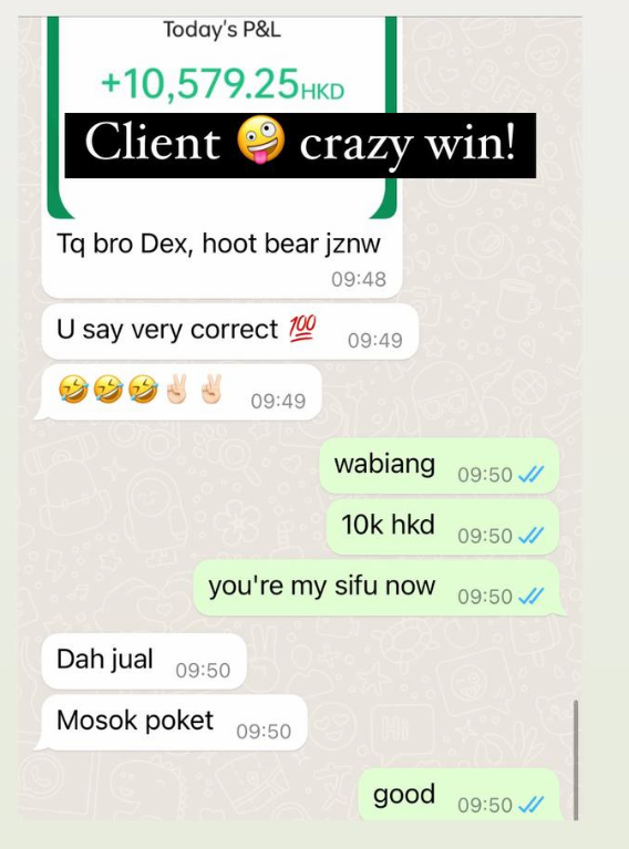 Client chat — Today's P&L +10,579.25 HKD. Feedback after a successful bear call on M+ Global.
