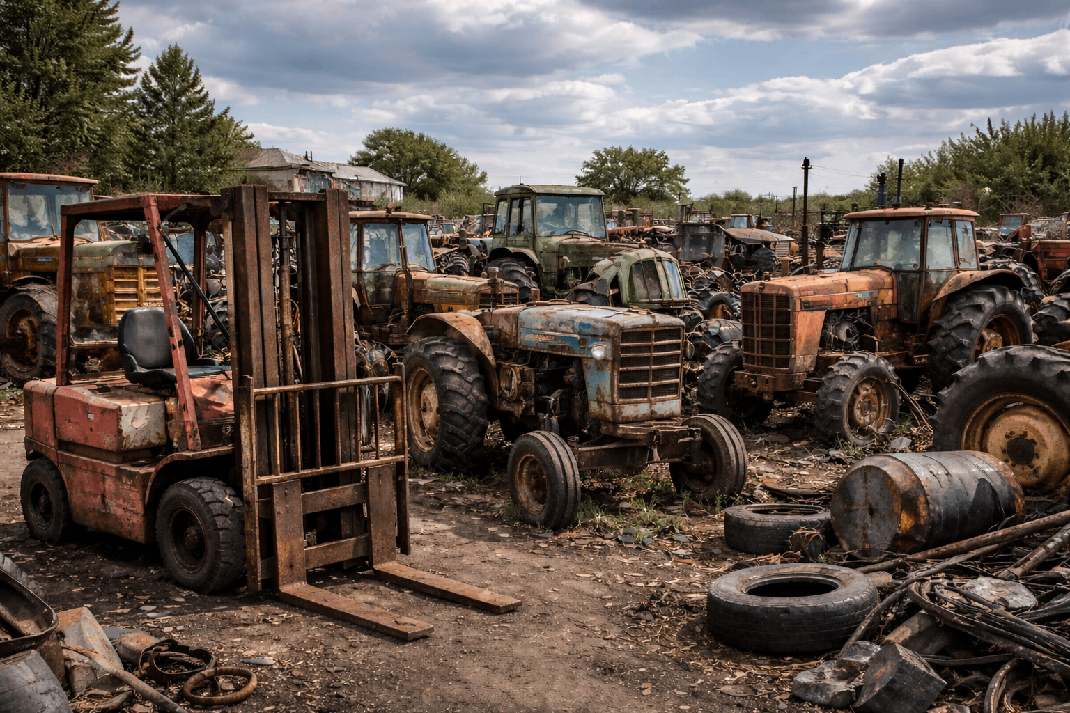 Scrap yard with rusted forklifts ready for removal